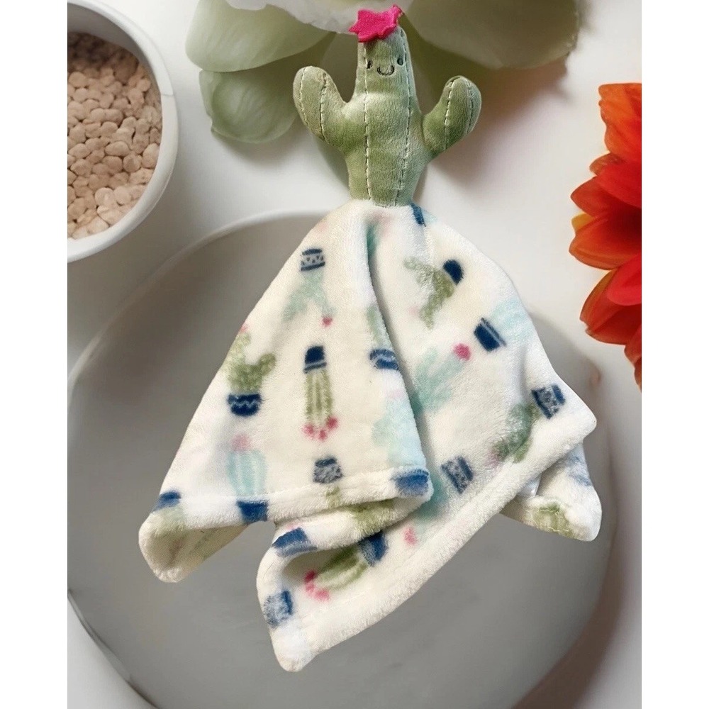 Hudson Baby HB Soft Green With Pink Bloom Cactus Lovey Security Blanket 14"x14"